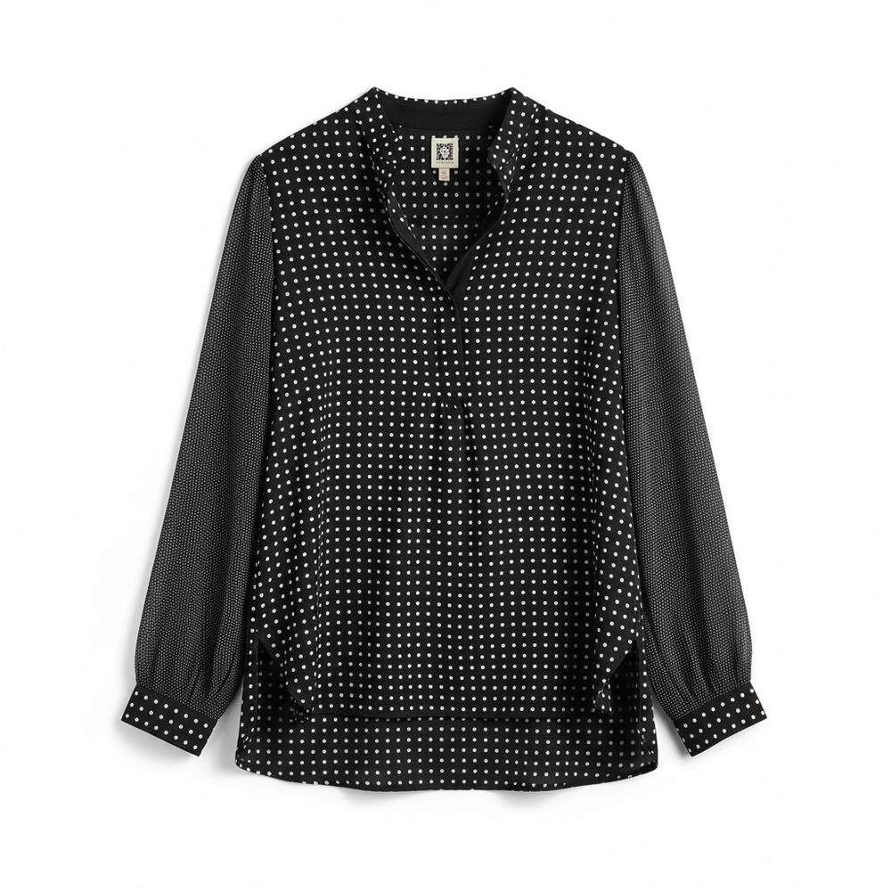 Anne Klein Mixed Dot Print Poet Blouse Polka Dot Semi Sheer Top Black M Parisian